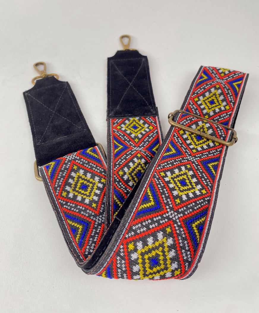 Adjustable Handbag Strap in Primary Colors Jacquard on Black Suede Leather