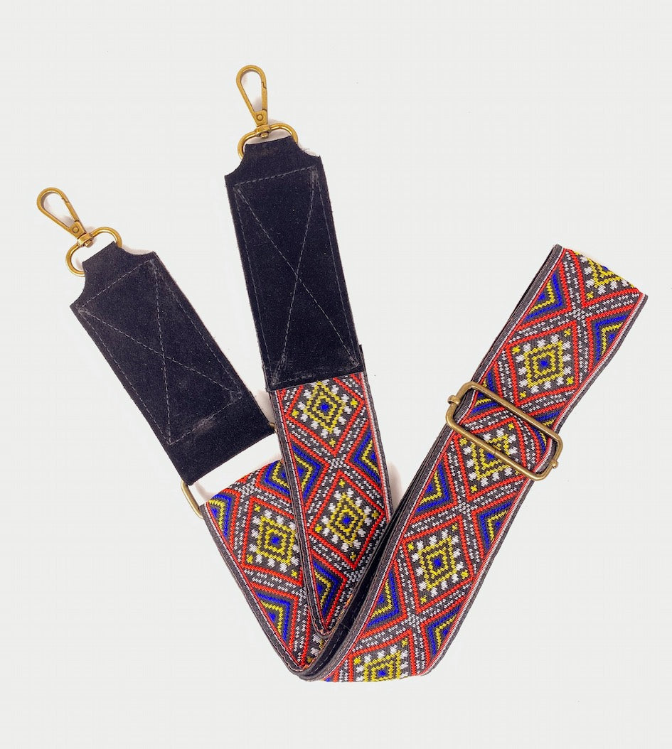 Adjustable Handbag Strap in Primary Colors Jacquard on Black Suede Leather