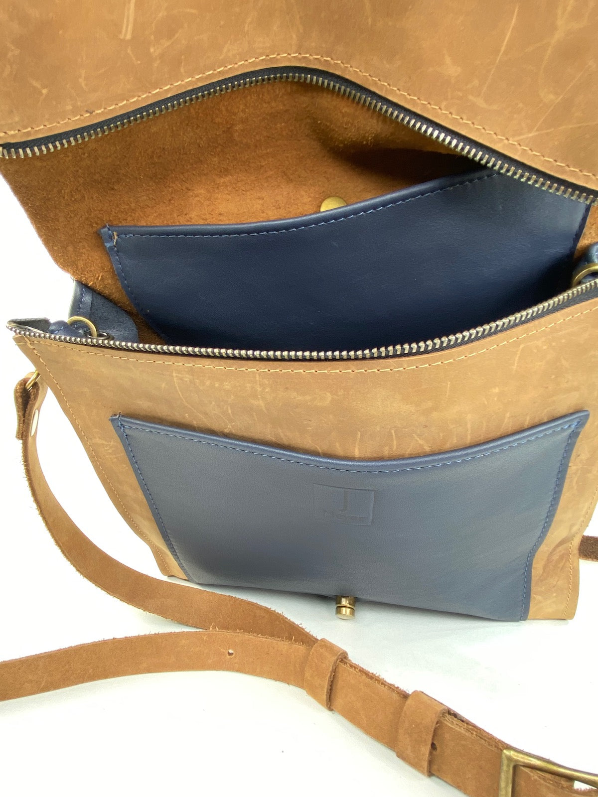 Leather Satchel Purse in Tan with Navy Blue