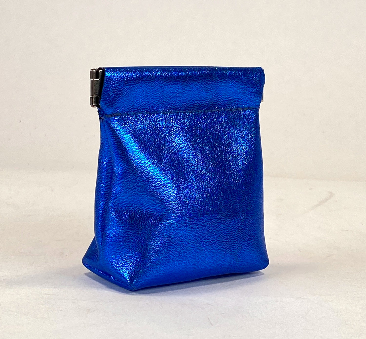 Leather Squeeze Pouch Metallic Blue