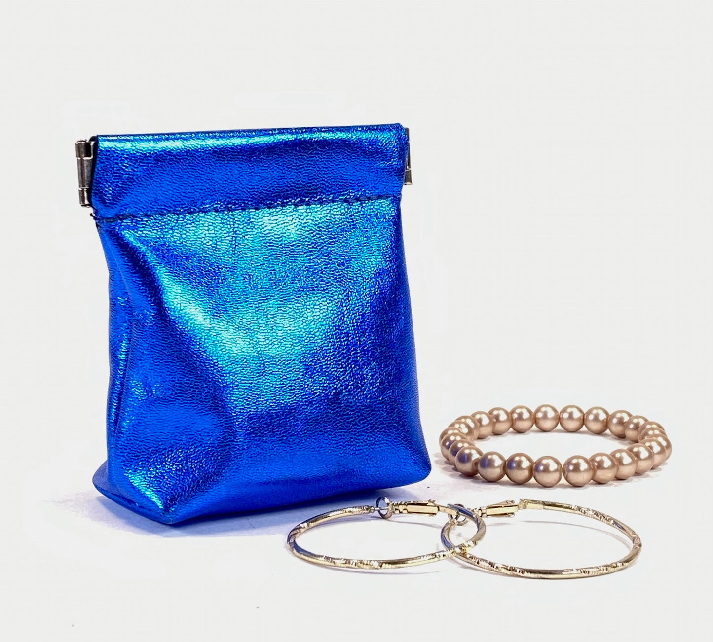 Leather Squeeze Pouch Metallic Blue
