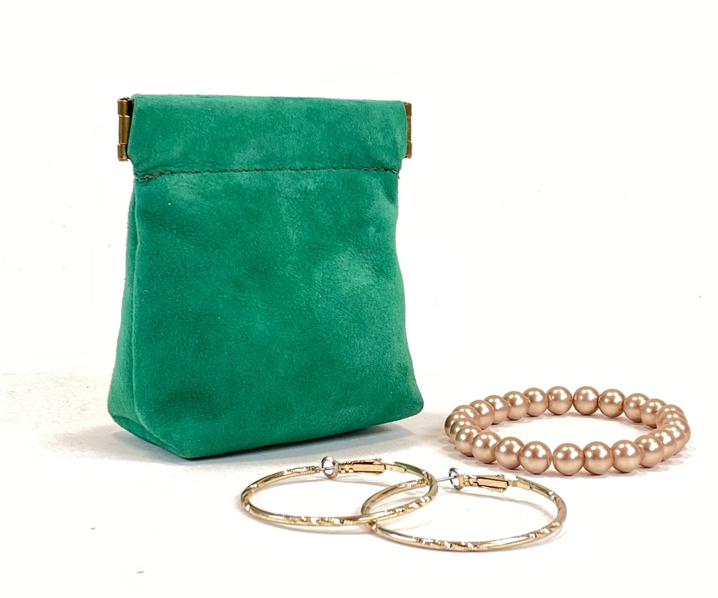 Suede Leather Squeeze Pouch in Bright Green