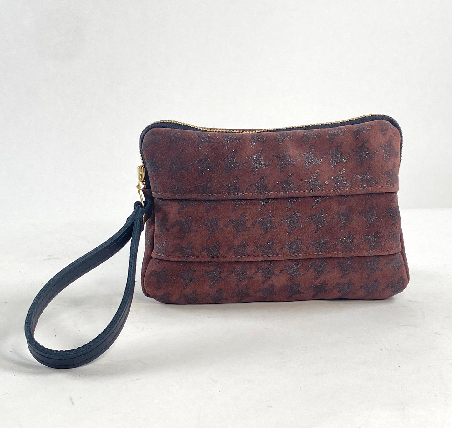 Leather Zip Pouch - Purple Houndstooth