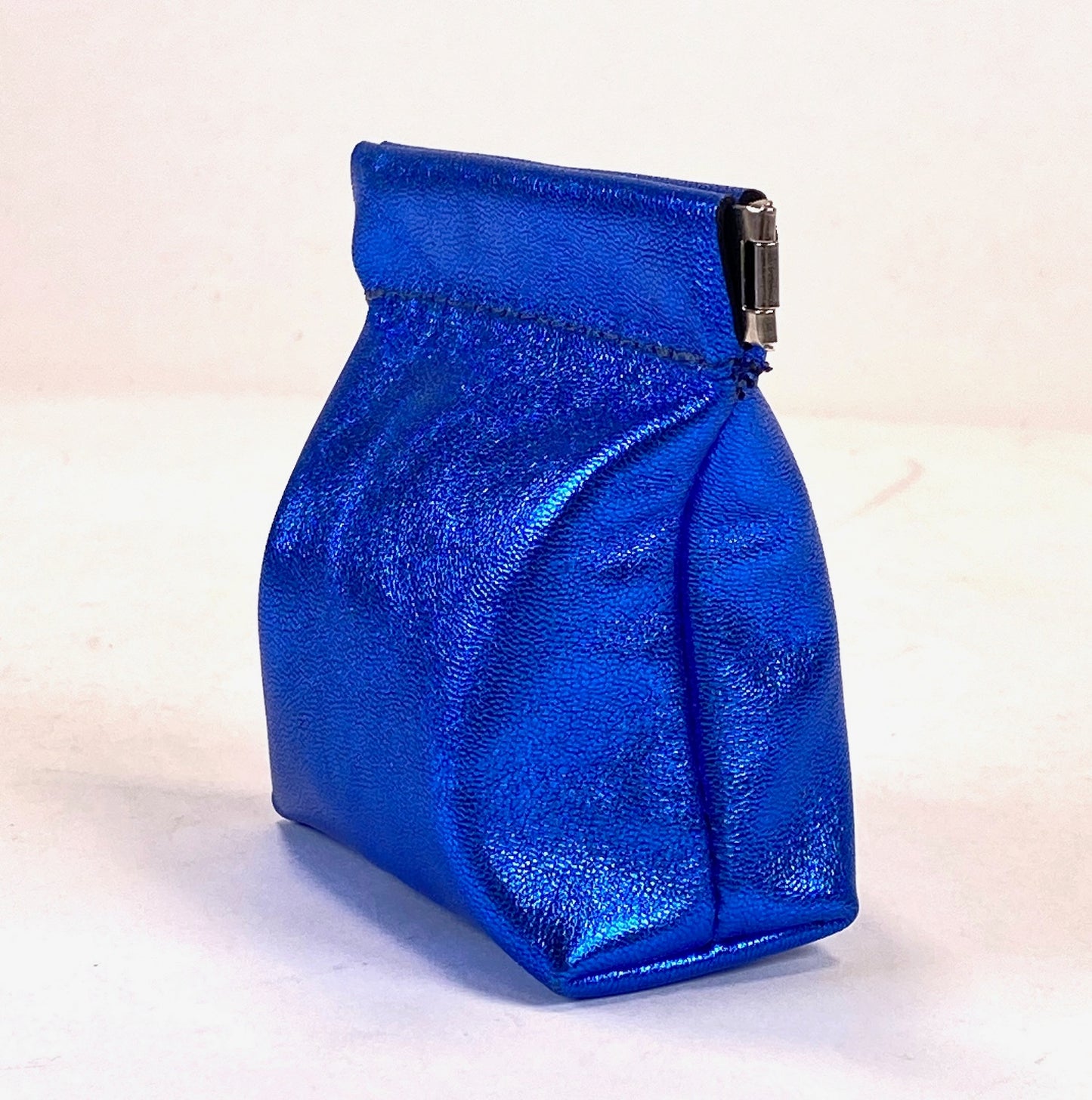 Leather Squeeze Pouch Metallic Blue