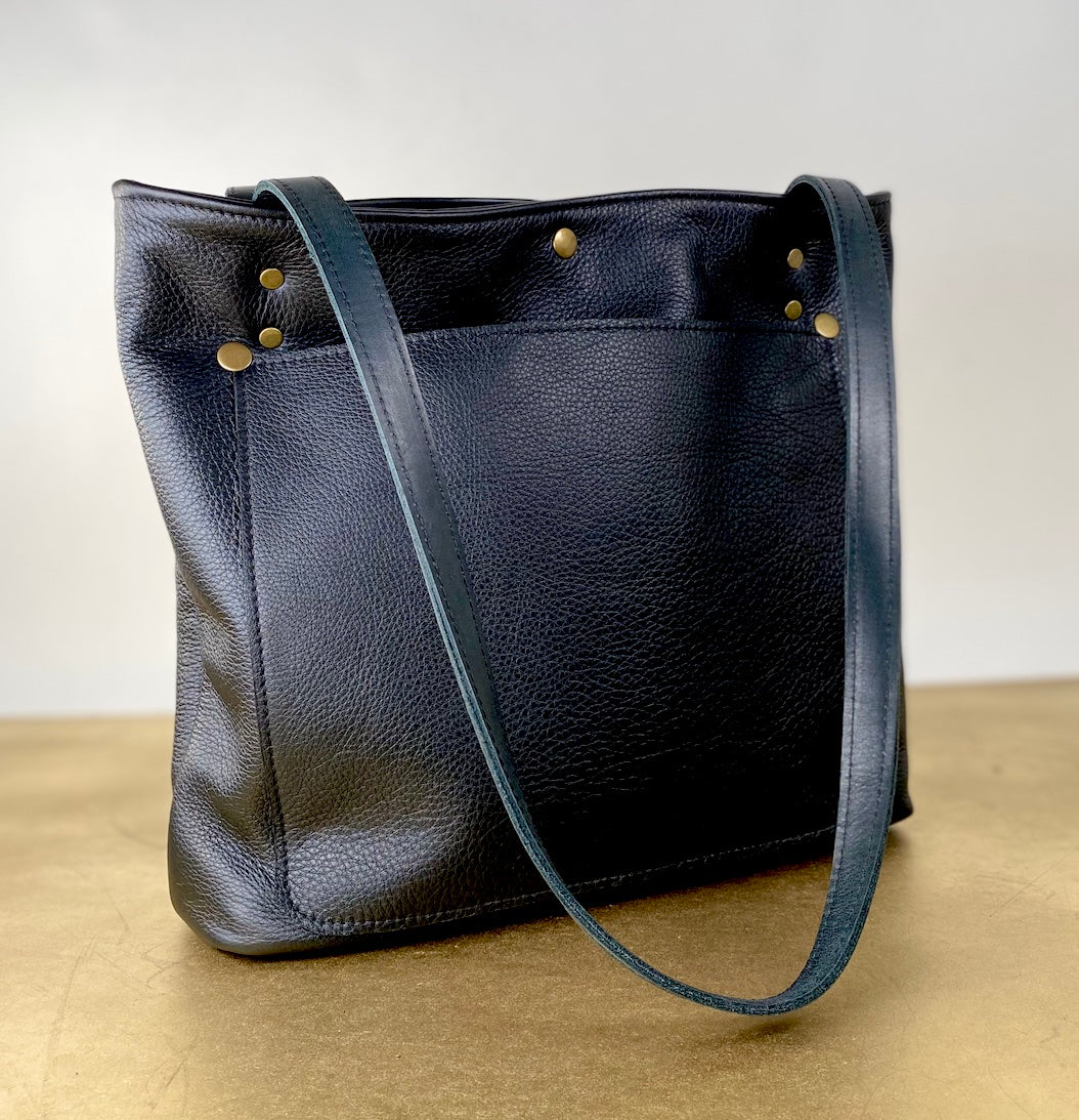 Black Leather Tote Bag with Hair-On Cowhide