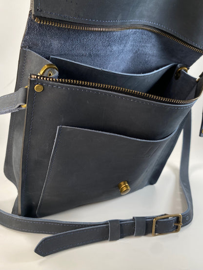 Leather Satchel Purse Hand Stitched in Black