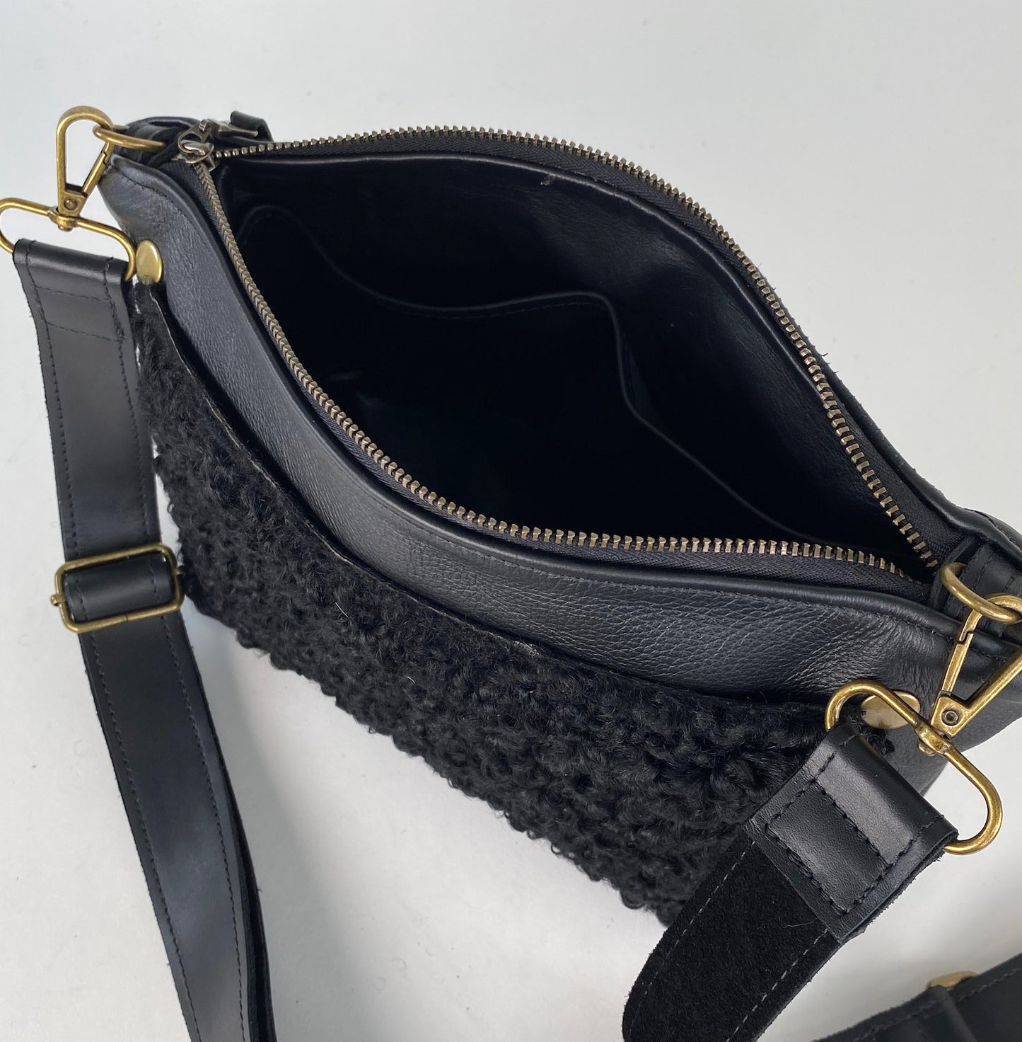 Black Leather Shoulder Purse with Sherpa Accent