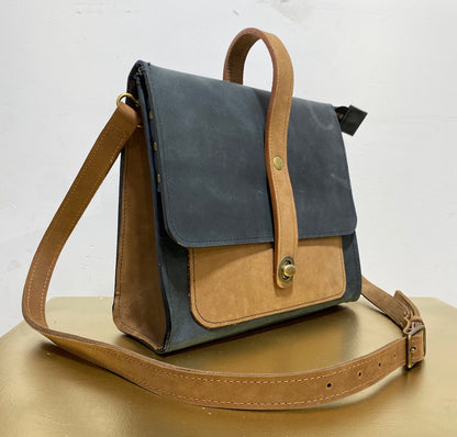 Leather Satchel Purse in Black and Tan