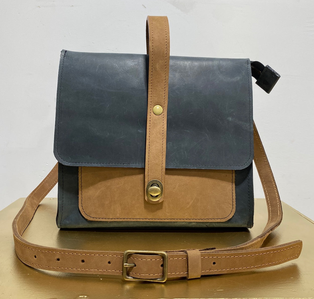 Leather Satchel Purse in Black and Tan