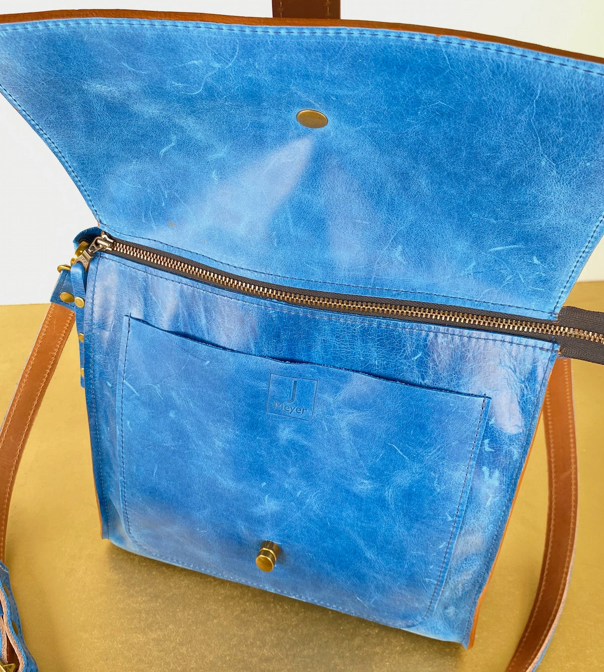 Blue Leather Satchel Purse with Suede Ribbon Adjustable Strap