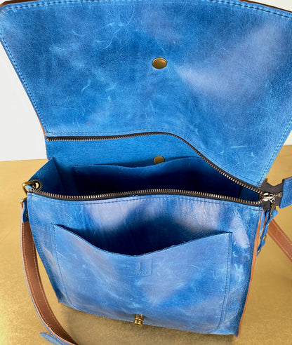 Blue Leather Satchel Purse with Suede Ribbon Adjustable Strap