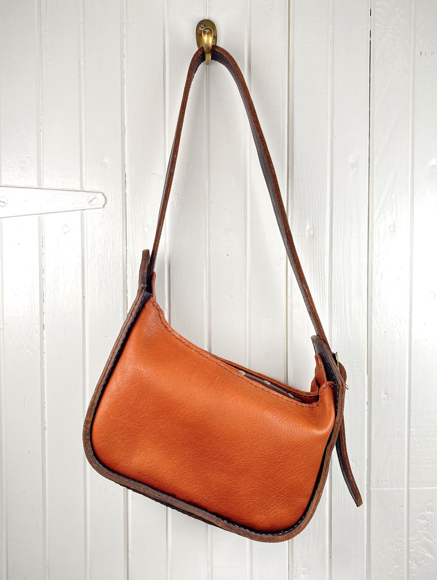 Lily 8 Compact Shoulder Bag Hand Stitched in Two-Toned Honey-Tan Leather & Dark Brown