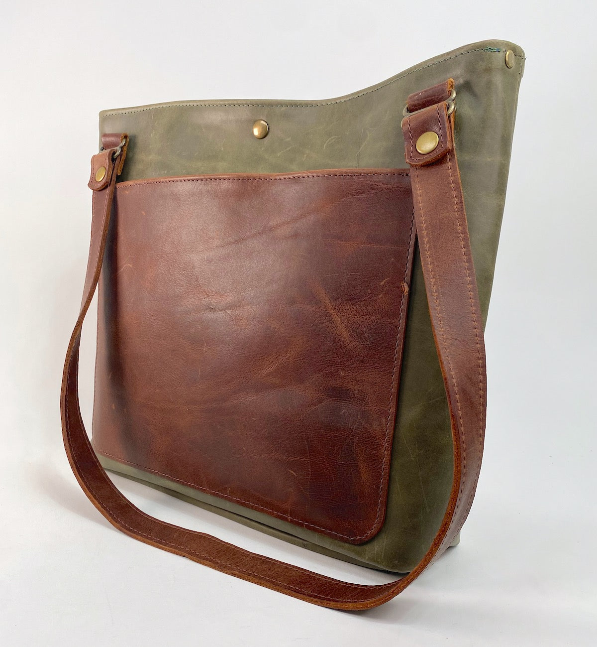 Olive Green Leather Tote Bag with Brown Accent