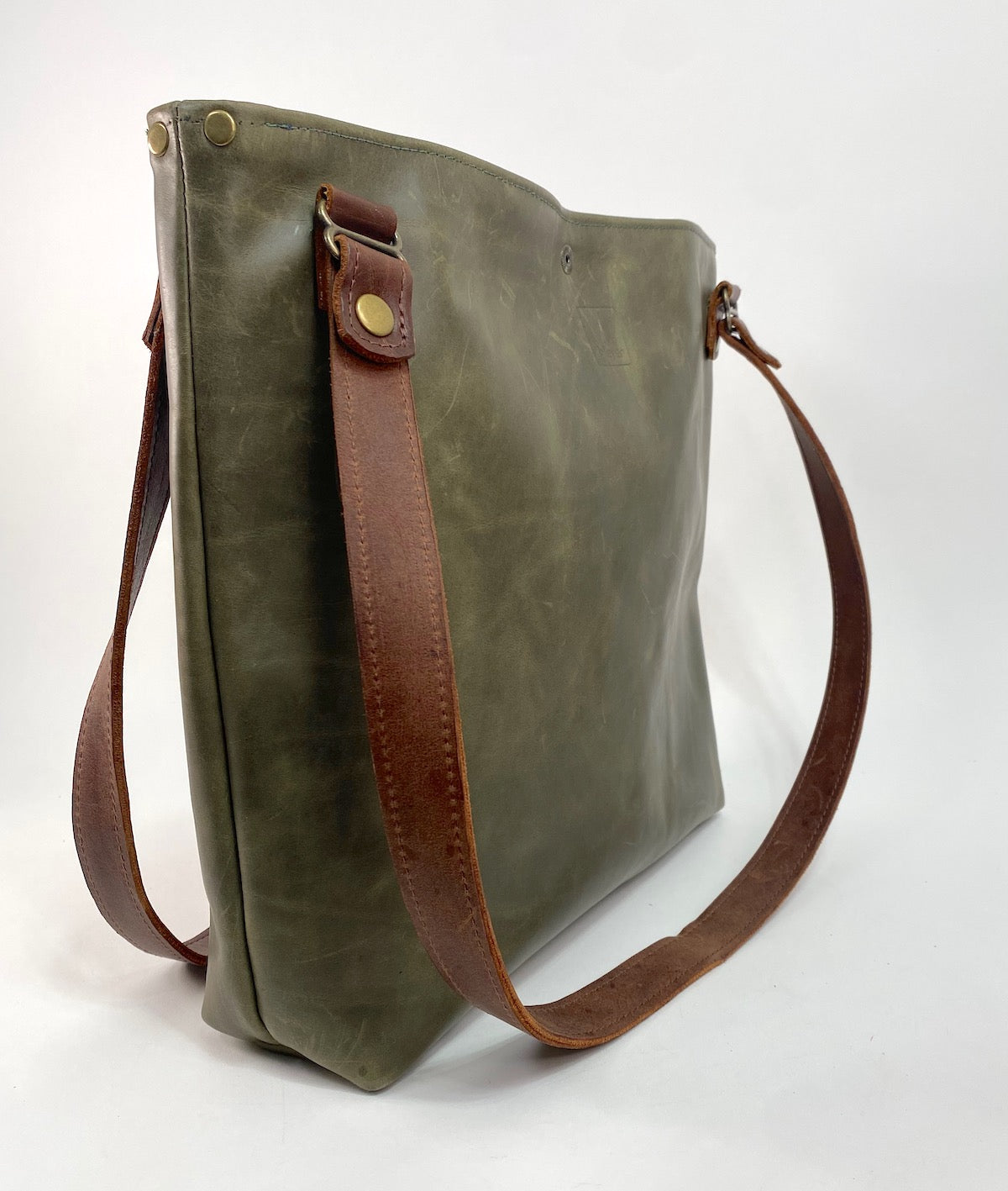 Olive Green Leather Tote Bag with Brown Accent