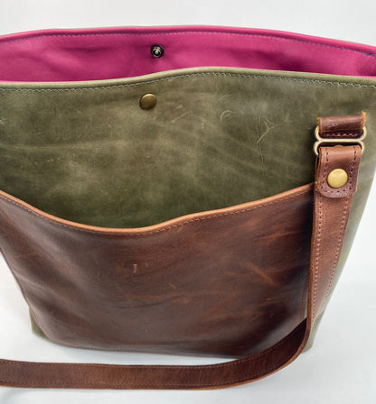 Olive Green Leather Tote Bag with Brown Accent