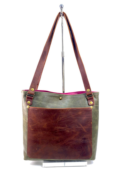 Olive Green Leather Tote Bag with Brown Accent