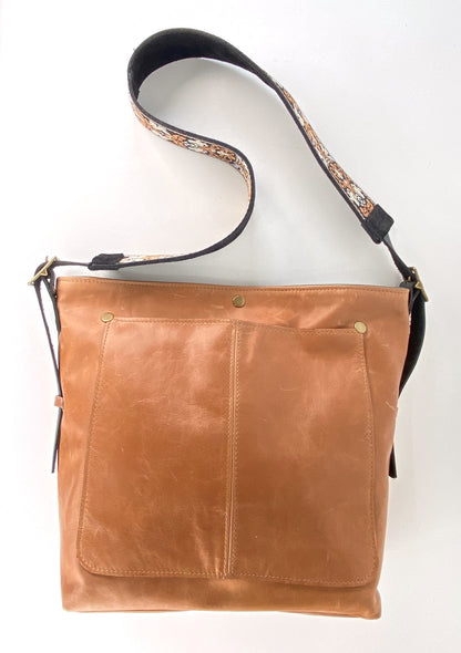 Honey Tan Leather Tote Bag with Black Suede Ribbon Strap