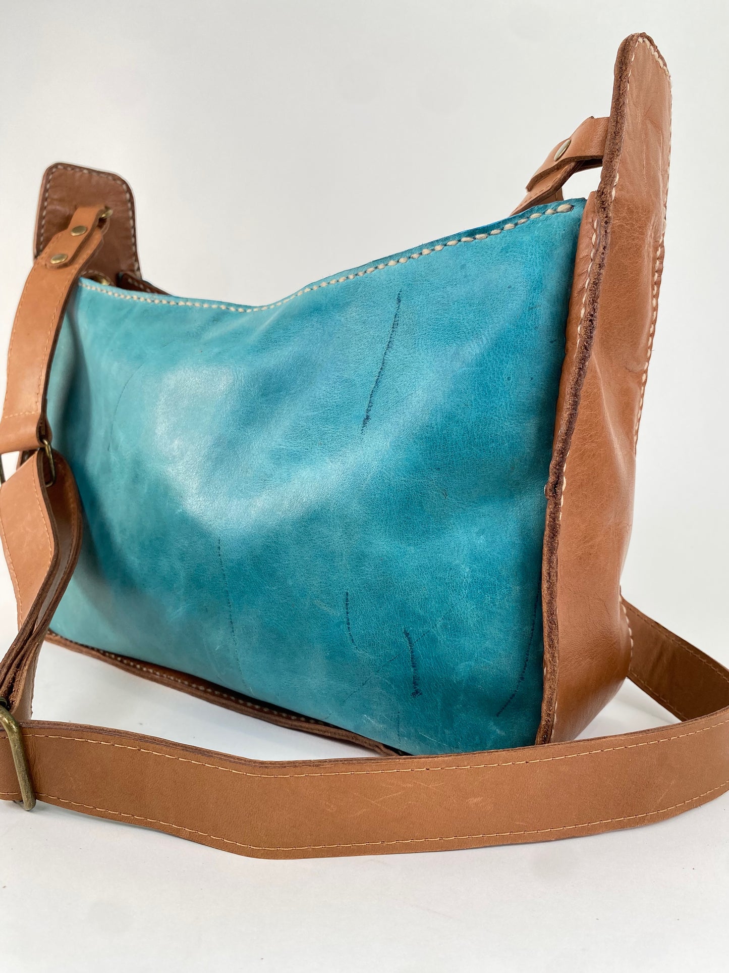 Saddle Bag in Teal Blue & Tan - The Lily-13