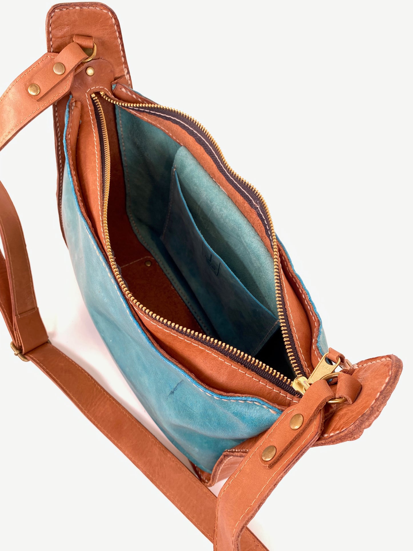 Saddle Bag in Teal Blue & Tan - The Lily-13