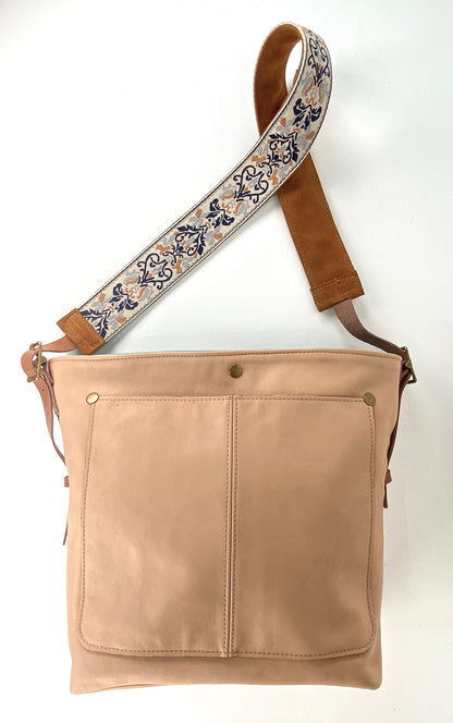 Leather Tote Bag in Latte with Suede Ribbon Shoulder Strap