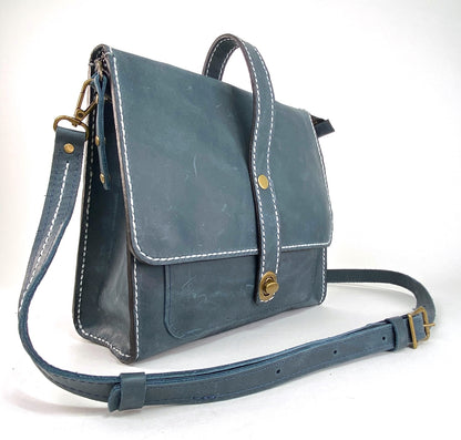 Navy Blue Leather Satchel with White Top Stitch Detail
