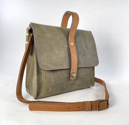 Leather Satchel Purse in Olive Green