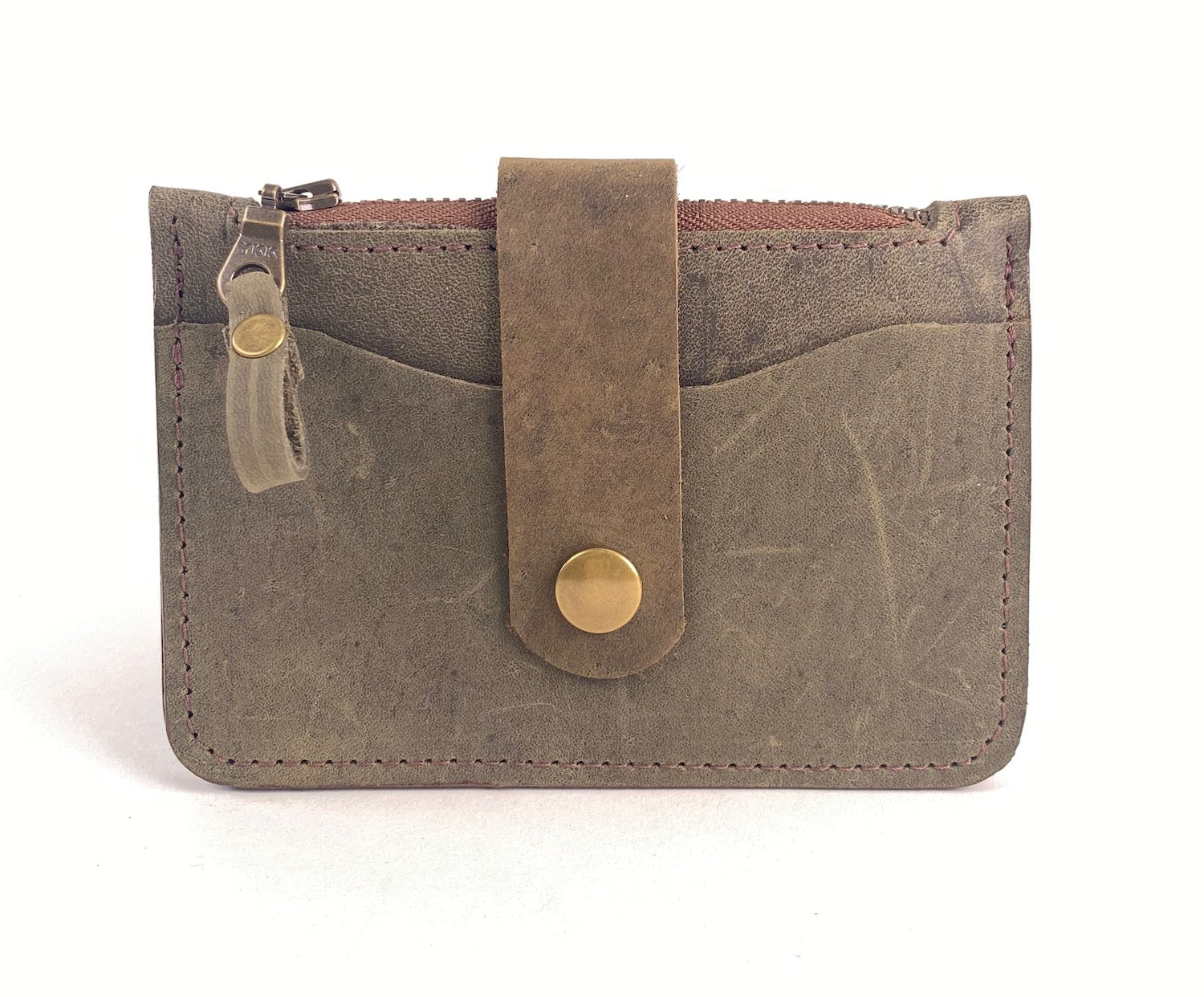 Olive green leather wallet with card pockets and zipper