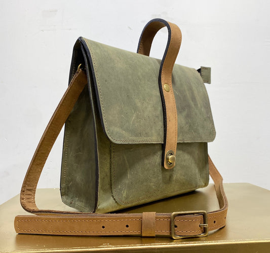Leather Satchel Purse in Olive Green