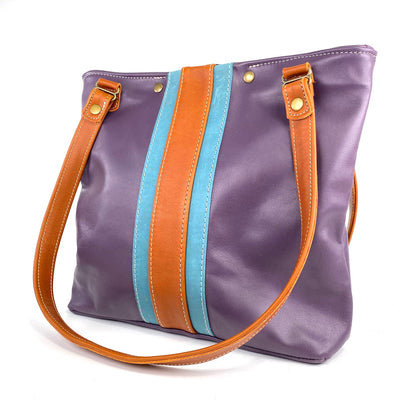 Purple Lambskin Leather Tote Bag with Tan/Teal Accent