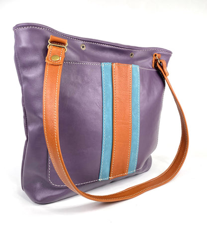 Purple Lambskin Leather Tote Bag with Tan/Teal Accent