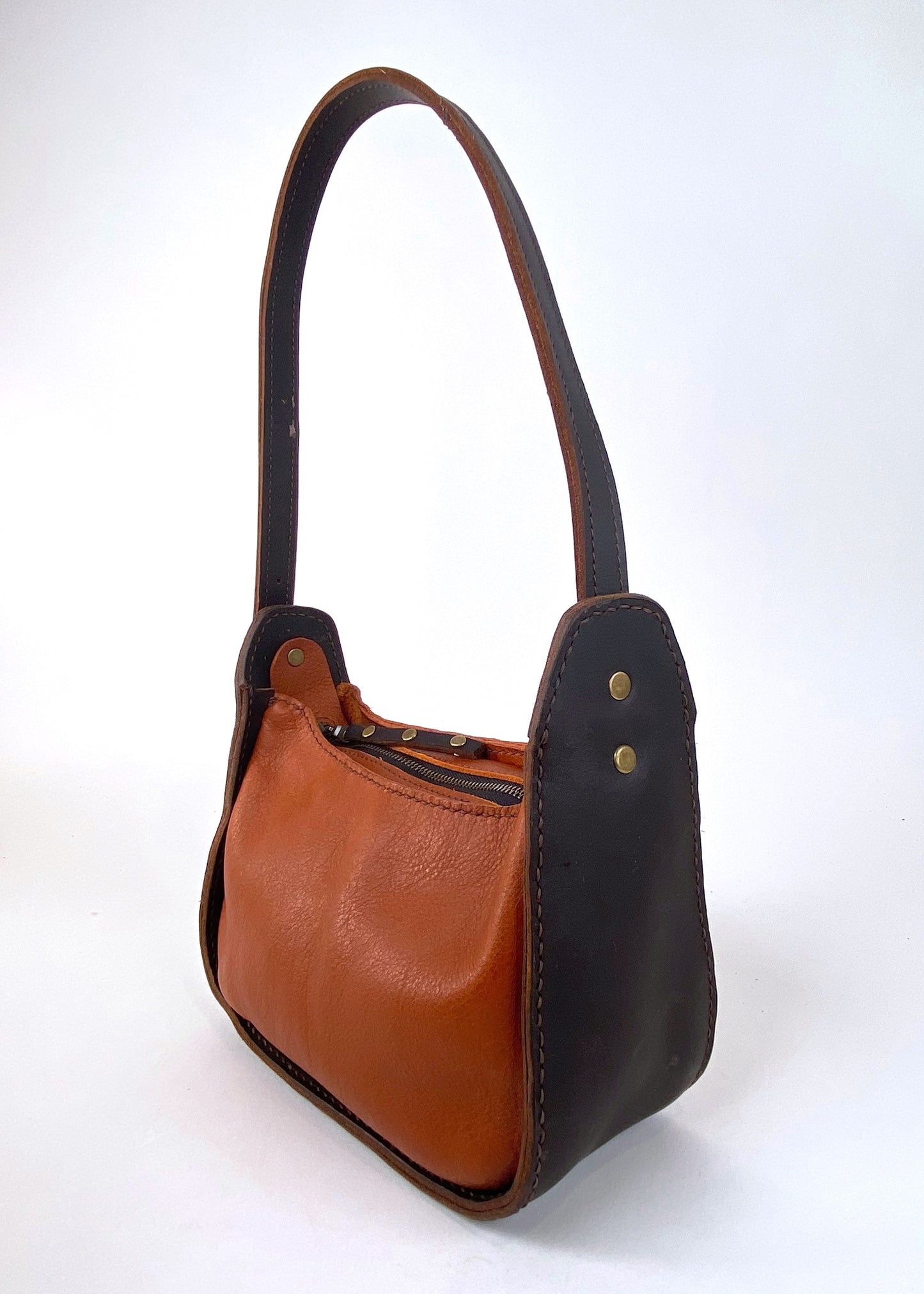 Lily 8 Compact Shoulder Bag Hand Stitched in Two-Toned Honey-Tan Leather & Dark Brown