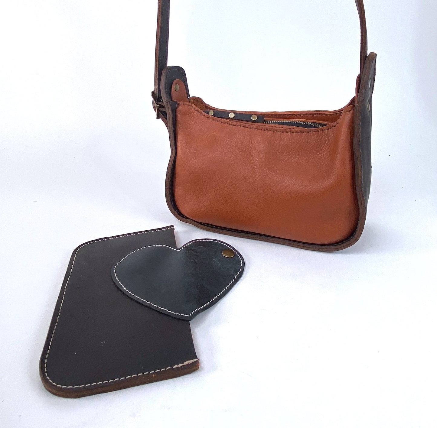 Lily 8 Compact Shoulder Bag Hand Stitched in Two-Toned Honey-Tan Leather & Dark Brown