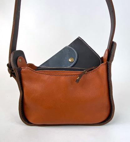 Lily 8 Compact Shoulder Bag Hand Stitched in Two-Toned Honey-Tan Leather & Dark Brown