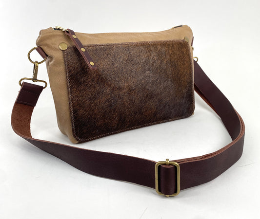 Tan Leather Shoulder Purse with Hair-On Cowhide Accent