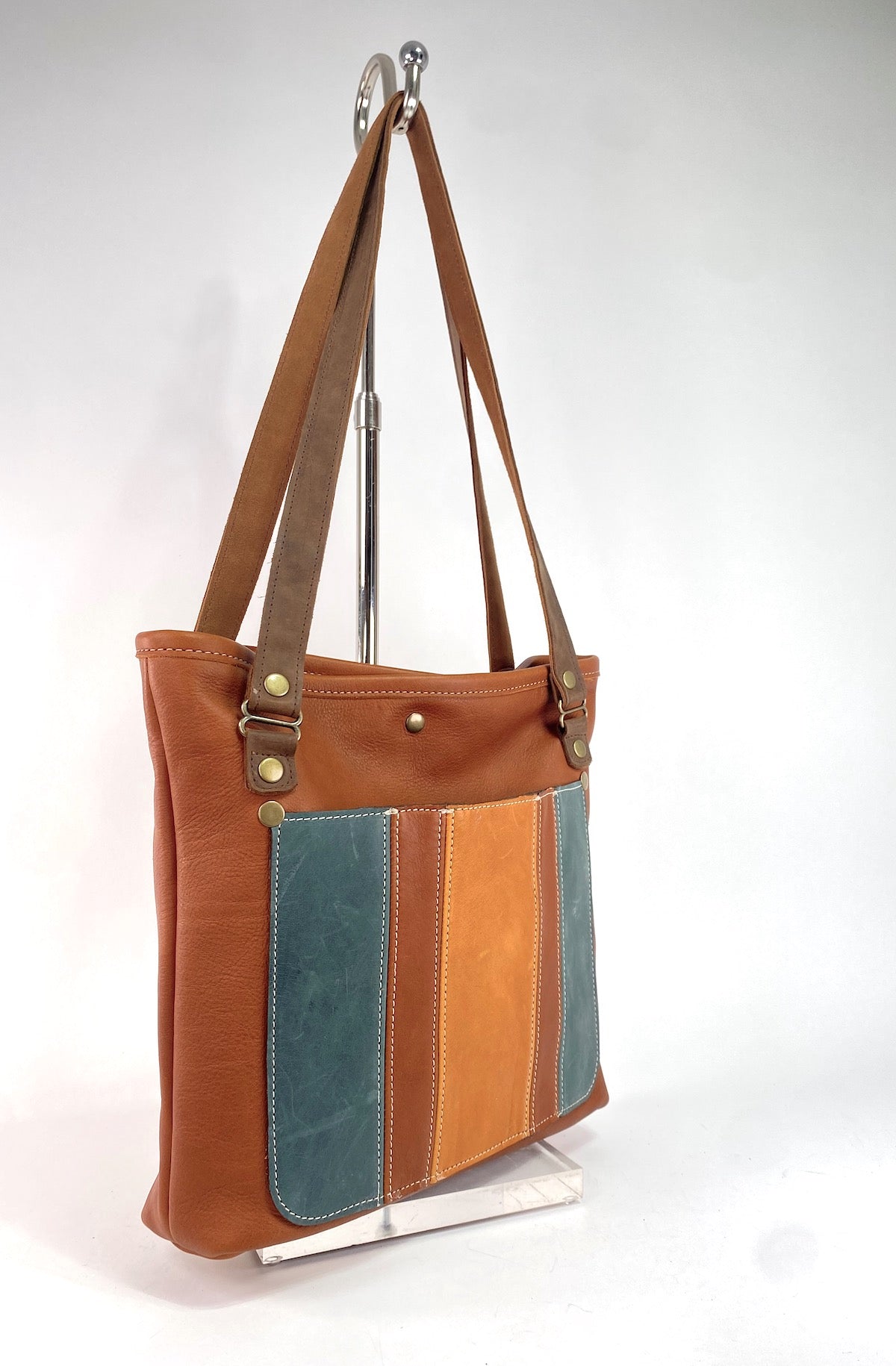 Brown Tan Stripe Leather Tote Bag