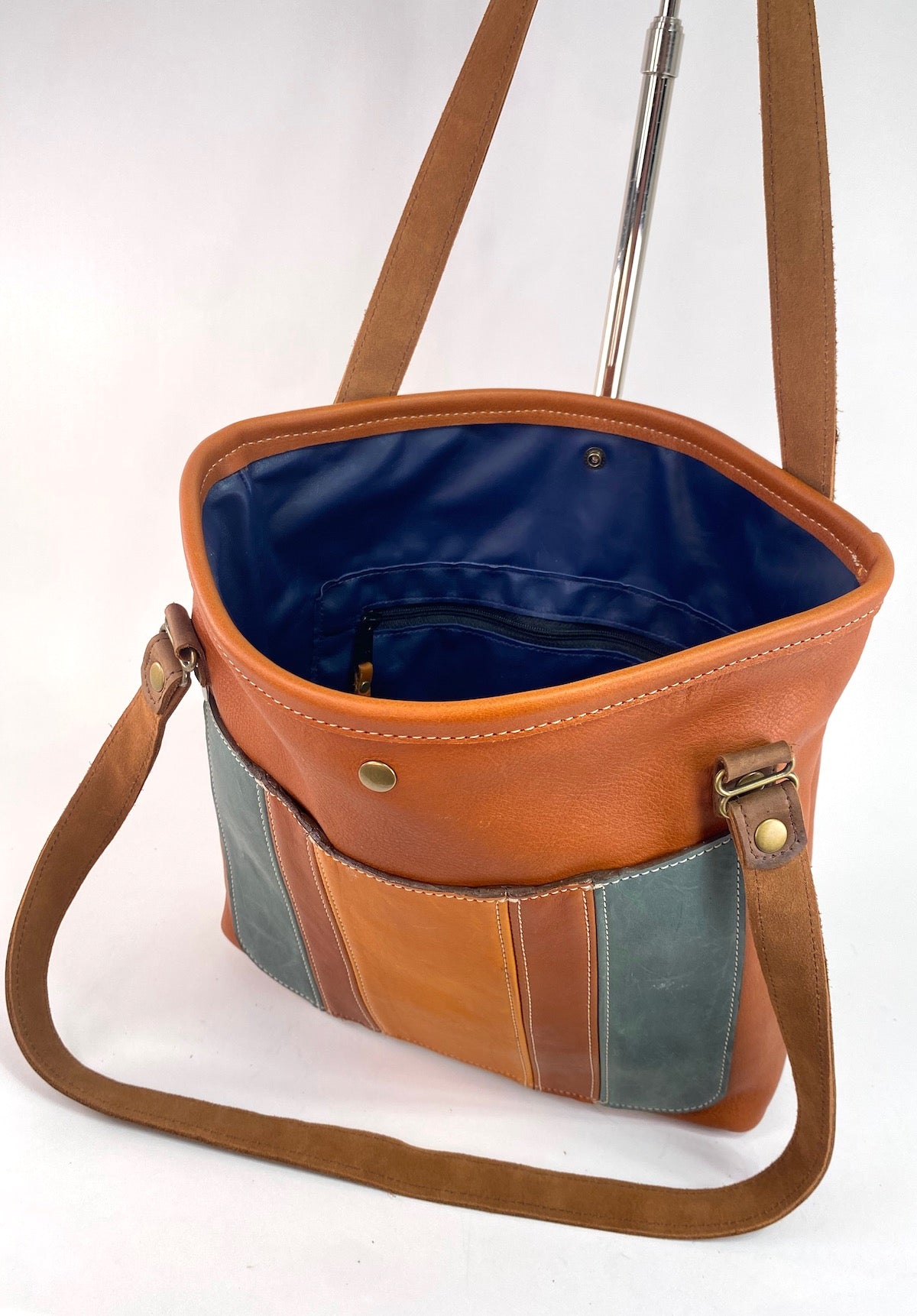 Brown Tan Stripe Leather Tote Bag