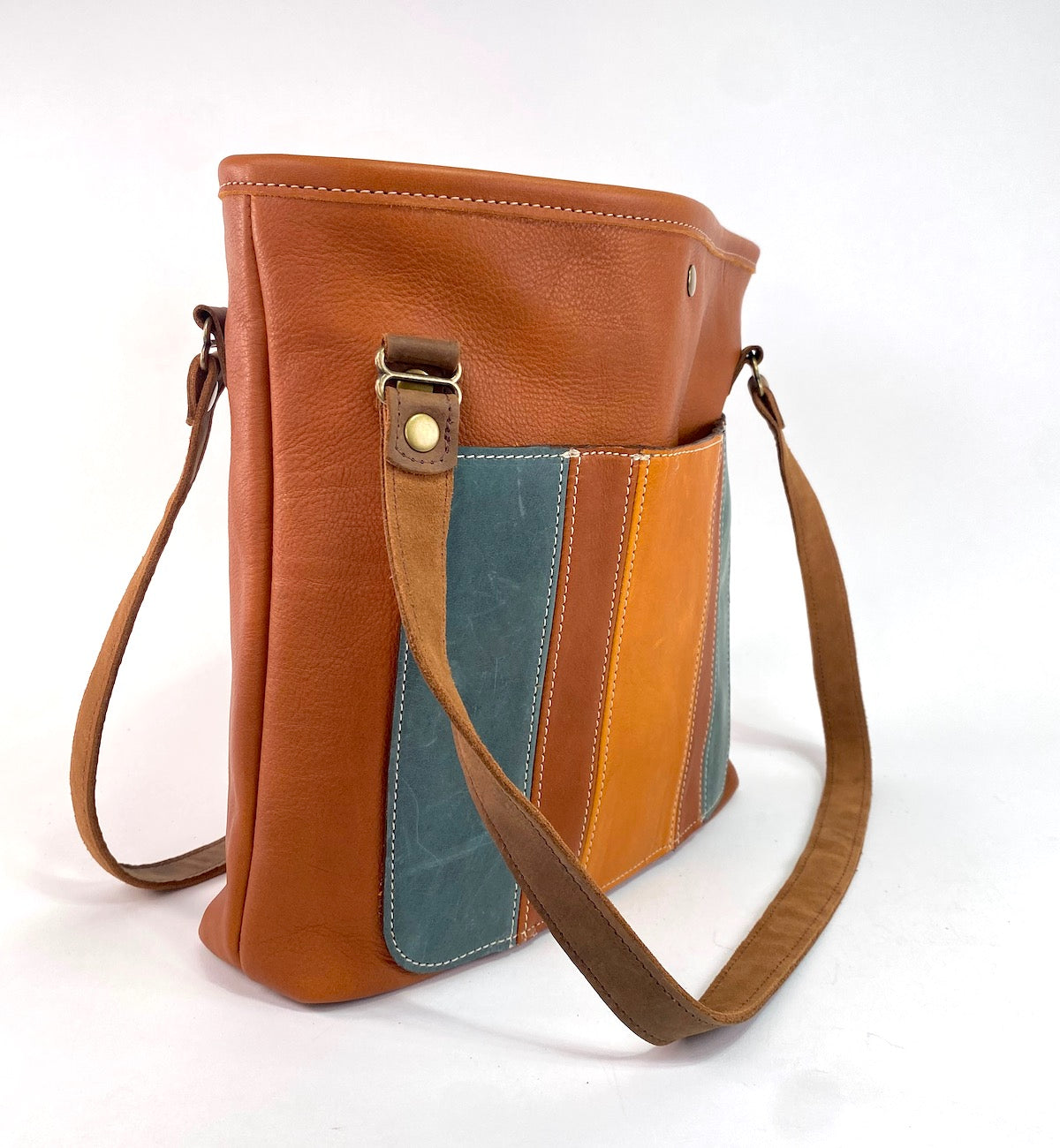 Brown Tan Stripe Leather Tote Bag