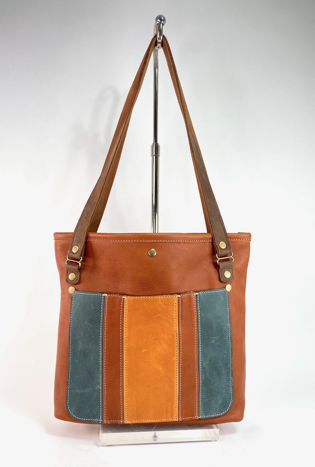 Brown Tan Stripe Leather Tote Bag