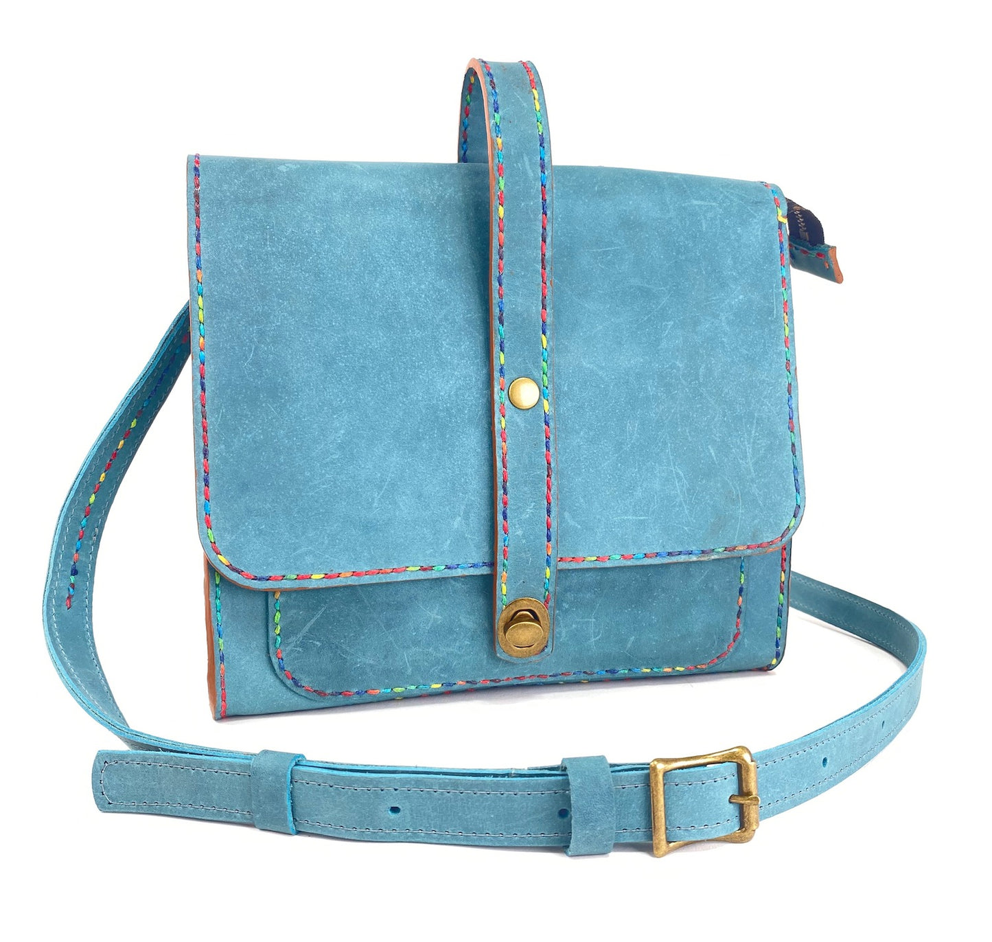 Leather Satchel Hand Stitched in Teal Blue with Beeswax Corded Thread