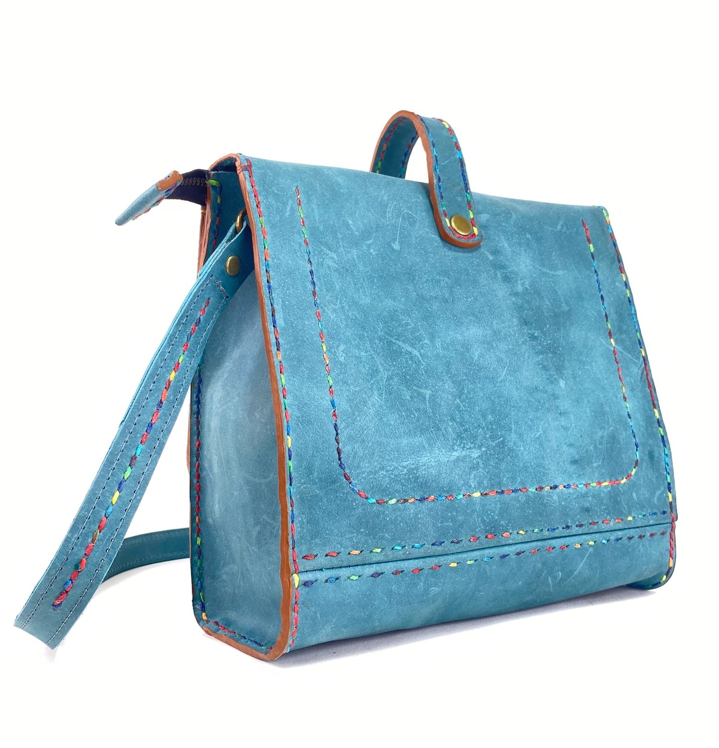 Leather Satchel Hand Stitched in Teal Blue with Beeswax Corded Thread
