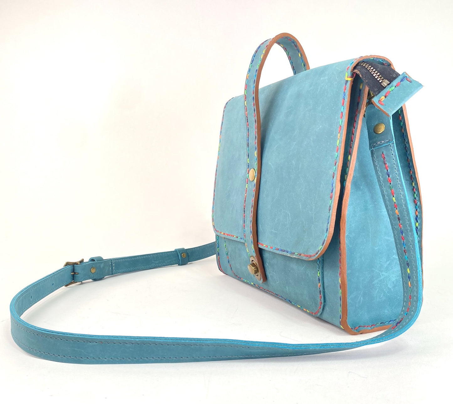 Leather Satchel Hand Stitched in Teal Blue with Beeswax Corded Thread