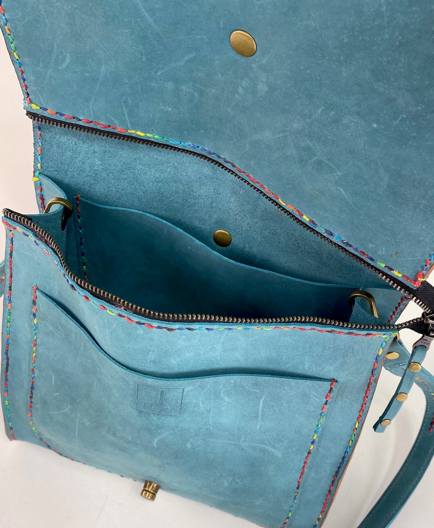 Leather Satchel Hand Stitched in Teal Blue with Beeswax Corded Thread