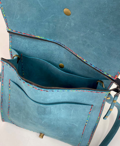 Leather Satchel Hand Stitched in Teal Blue with Beeswax Corded Thread