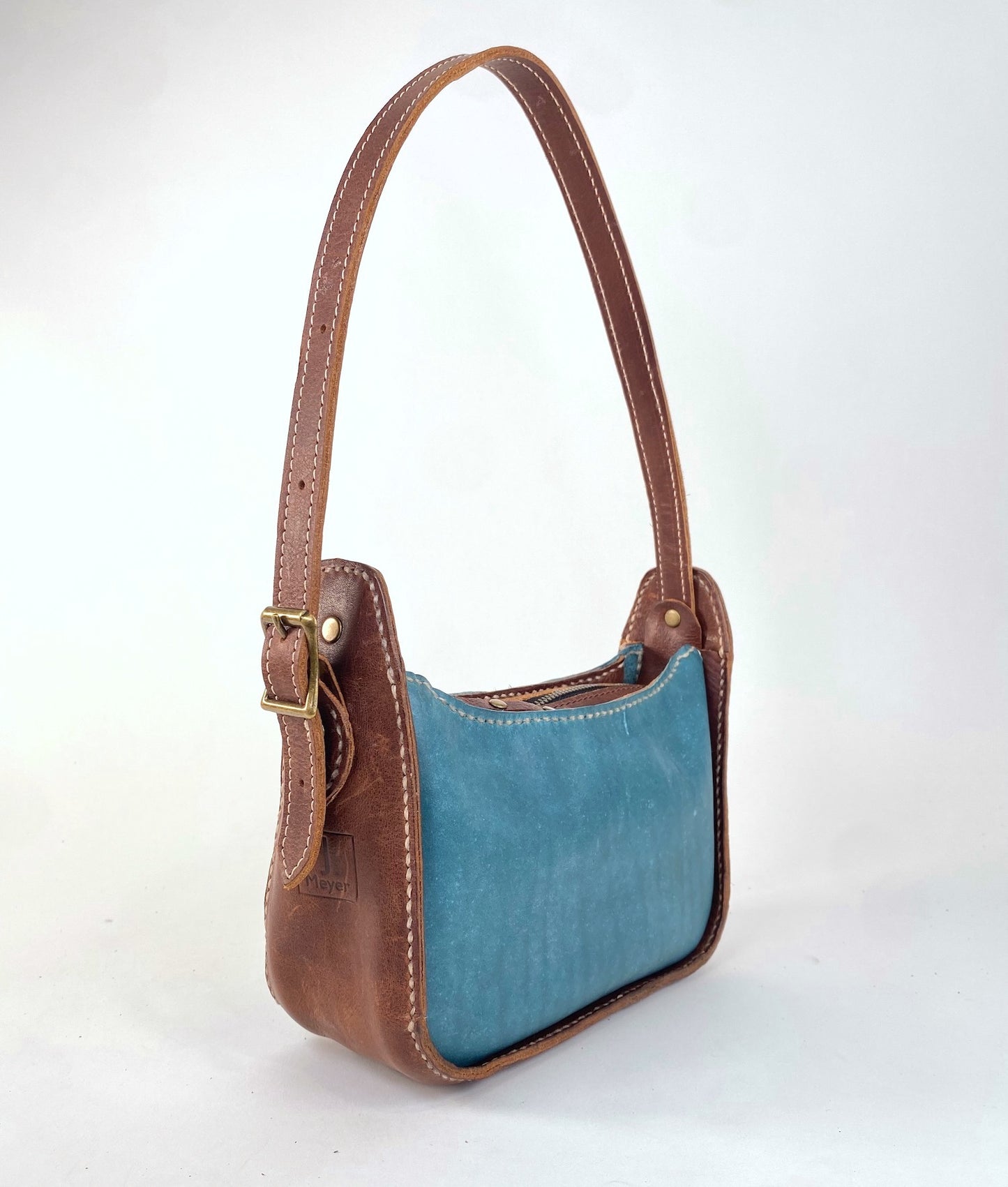 Lily 8 Compact Shoulder Bag Hand Stitched in Teal Blue and Tan