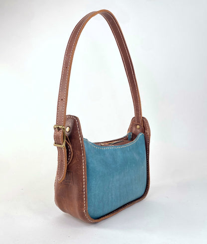 Lily 8 Compact Shoulder Bag Hand Stitched in Teal Blue and Tan