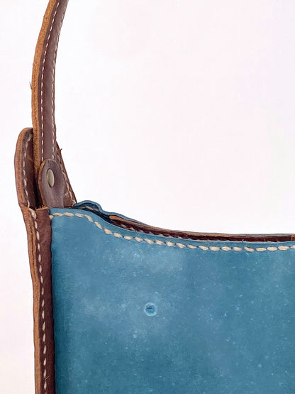 Lily 8 Compact Shoulder Bag Hand Stitched in Teal Blue and Tan