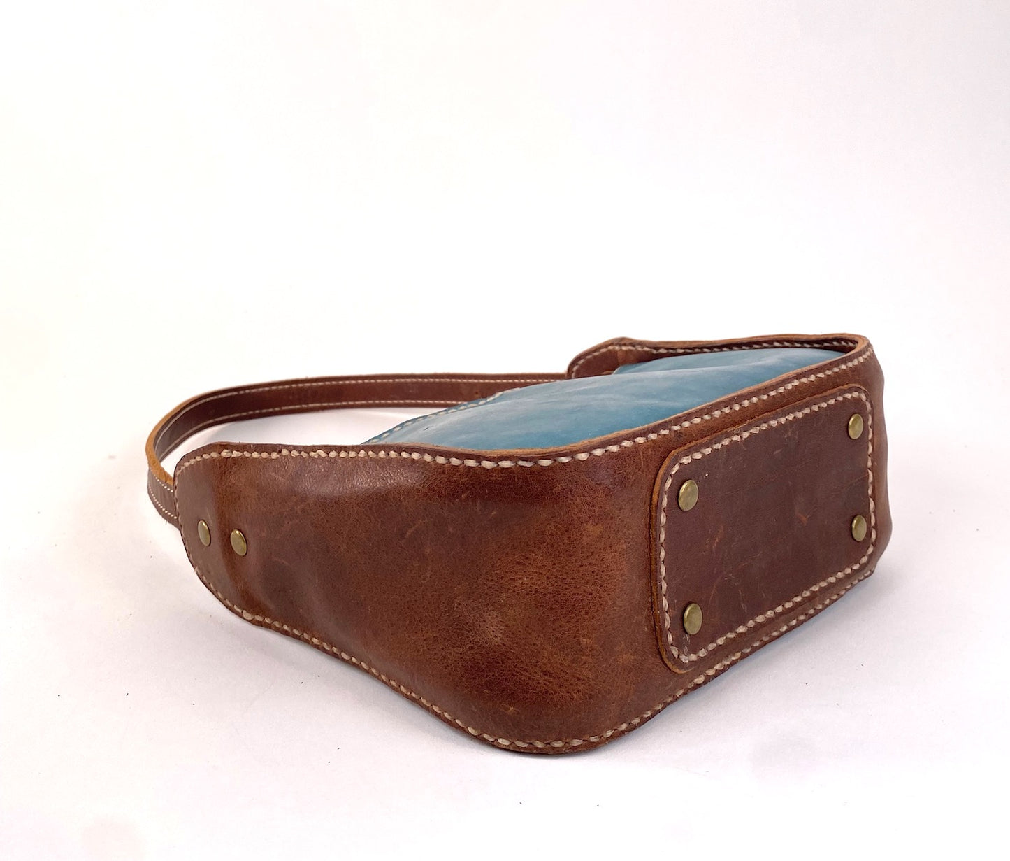 Lily 8 Compact Shoulder Bag Hand Stitched in Teal Blue and Tan
