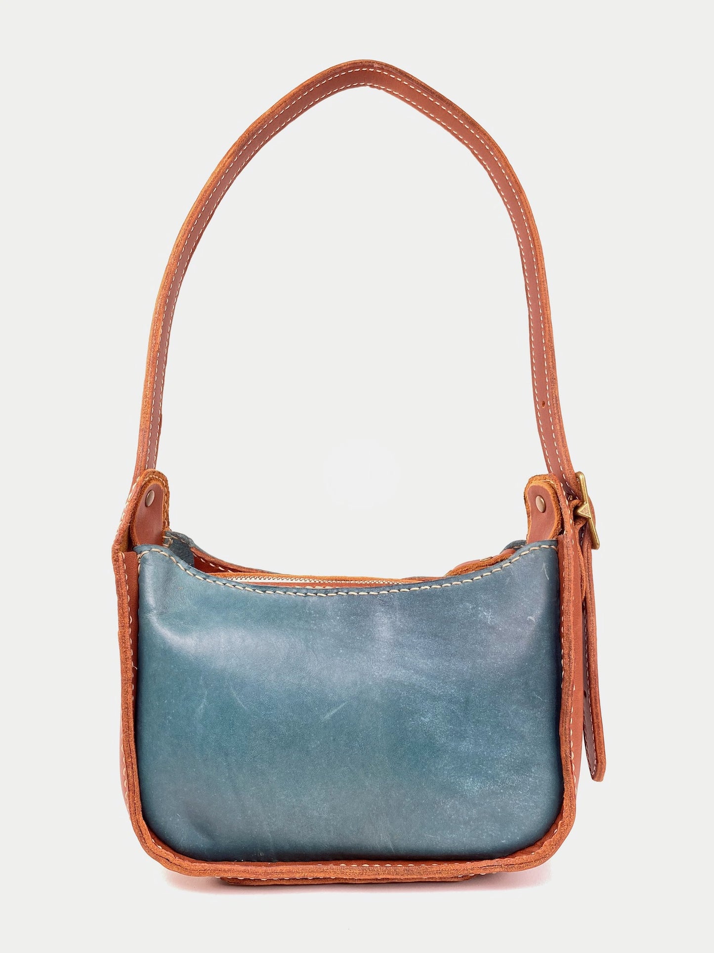 Lily 8 Compact Shoulder Bag Hand Stitched in Teal Blue and Tan 2