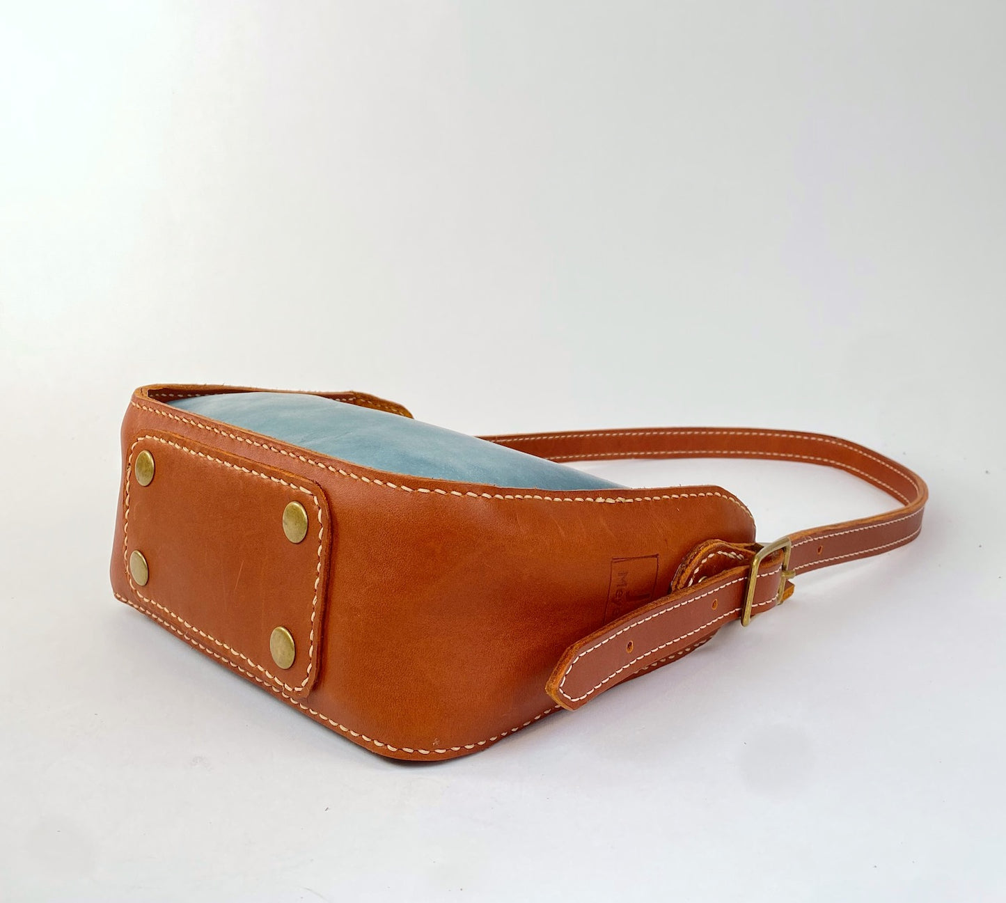 Lily 8 Compact Shoulder Bag Hand Stitched in Teal Blue and Tan 2