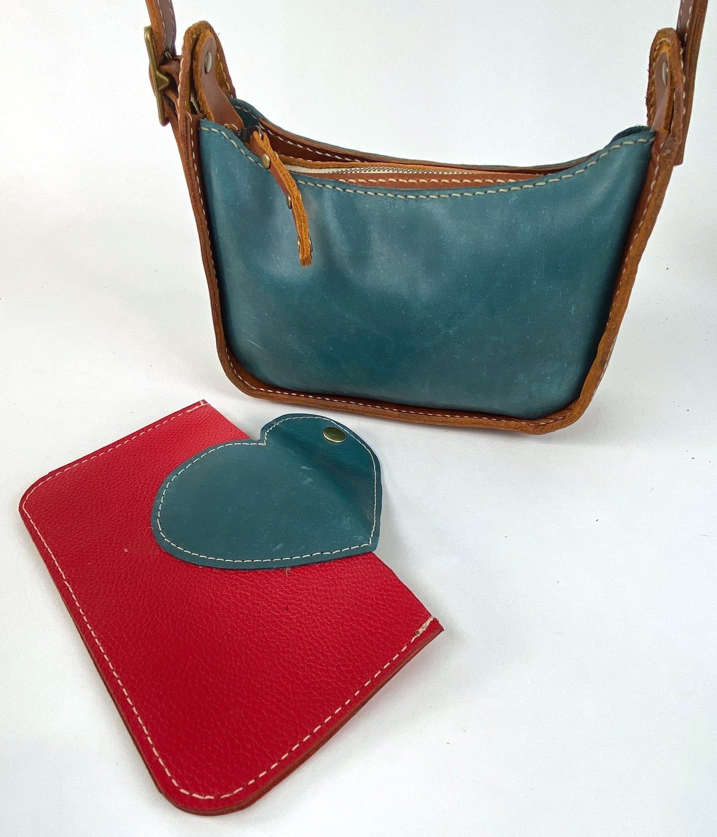 Lily 8 Compact Shoulder Bag Hand Stitched in Teal Blue and Tan 2